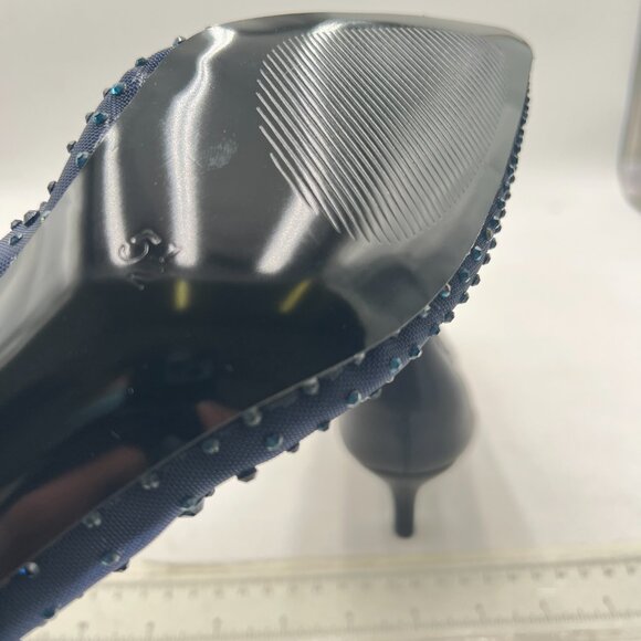 XYD Navy Pointed Toe Slip On Mesh Pumps Rhinestone Studs Comfy Kitten Heels Shoe - Picture 6 of 8